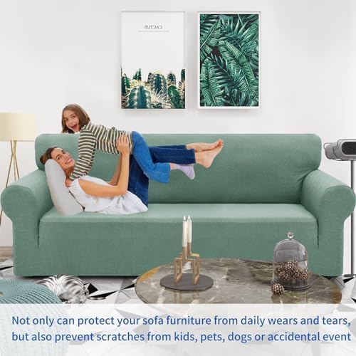 ZNSAYOTX 1 Piece Jacquard Couch Covers for 2 Cushion Couch High Stretch Loveseat Slipcover for Pets Dogs Anti Slip Love Seat Sofa Slipcover Furniture Protector (Medium,New Pattern Pea Green) - Image 2