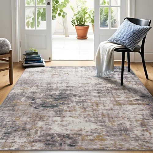 Modern Abstract 3x5 Rug, Bedside Area Rug, Machine Washable Non Slip Rugs for Bedroom, Low Pile Stain Resistant Distressed Rug for Nursery, Living Room, Dining Room, Grey Gold - Image 4
