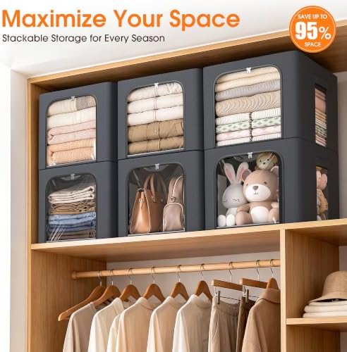 6 Pack Clothes Storage Bins with Metal Frame,40L Storage Bags Fabric Box Organizer with Clear Window,Zippers,Sturdy Handles(6 Pcs,Light Grey,40L) - Image 2