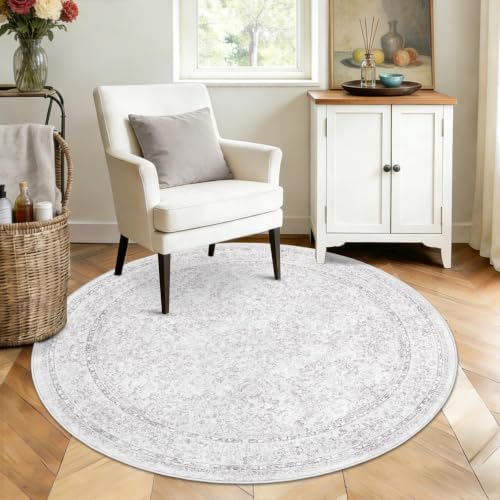 Round Rugs 4ft Vintage Floral Small Circle Rug, Washable Non Slip Soft Low Pile Stain Resistant Carpet for Living Room Bedroom Entryway Dining Room (FloralGrey, 4' Round) - Image 3