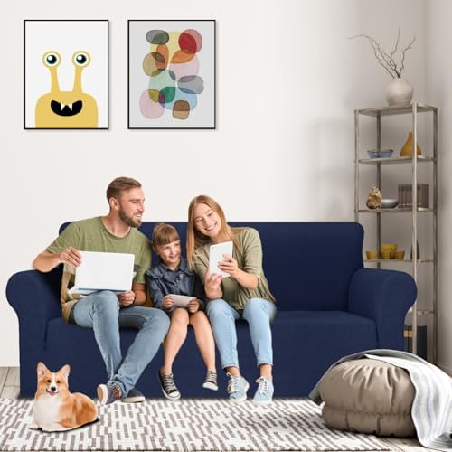 MAXIJIN Couch Covers for 3 Cushion Couch Sofa (71"-91"), 1-Piece Stretch Sofa Cover Slipcover Furniture Protector with Elastic Bottom for Kids,Dogs (Large, Diamond Pattern Navy Blue) - Image 2