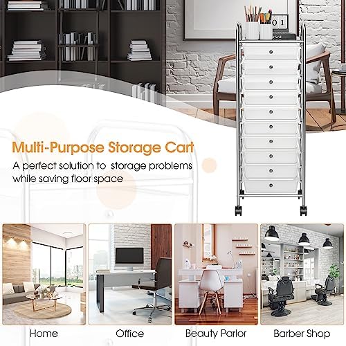 MEDIMALL 10 Drawers Rolling Storage Cart, Multipurpose Craft Storage Cart with Wheels, Mobile Tools Scrapbook Paper Organizer Cart for Office School Home Use (Clear) - Image 7
