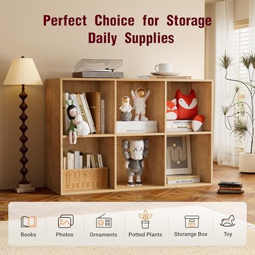 Book Shelf, Wooden Cube Storage Organizer with 11" Open Cubes, Stackable Modular Bookcase for Room Divider Storage, 2 Tier Bookshelf for Living Room, Bedroom, Office (Oak, 6-Cube) - Image 6