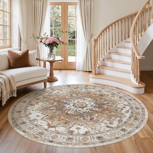 Madane Washable 6ft Circle Round Rug, 6x6 Circular Area Rugs, Turmeric/Grey - Image 3