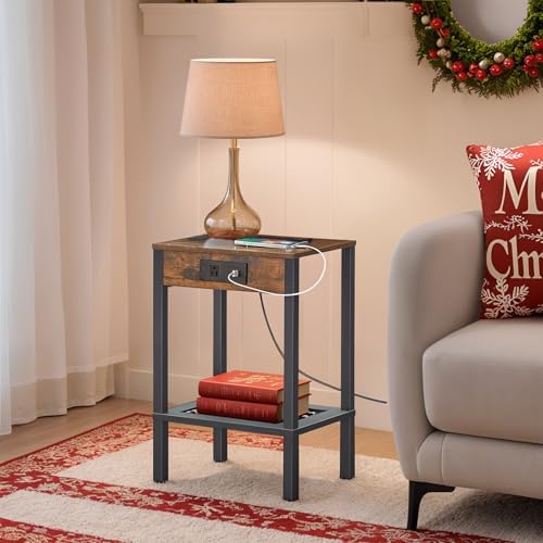 HOOBRO Side Table with Charging Station, End Table with USB Ports and Outlet, Small Nightstand with 2-Tier Storage Shelf, Faux Rattan Decoration, for Small Space, Rustic Brown and Black BF91UBZ01 - Image 2