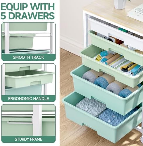 SYKIARIOL Rolling Cart with Drawers,5 Drawers Storage Cart,Light Green - Image 4