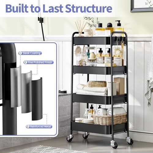 TOOLF 4 Tier Metal Rolling Cart, Utility Storage Cart with Wheels, Black | Screwless Assembly, Lockable Metal Wheels, Trolley Organizer for Bathroom, Kitchen, Office, Dorm, Laundry, Craft Room - Image 3