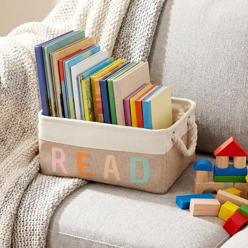 Marsui 1 Pcs Book Storage Basket, Book Bin, Bookish Gifts, White Brown - Image 2