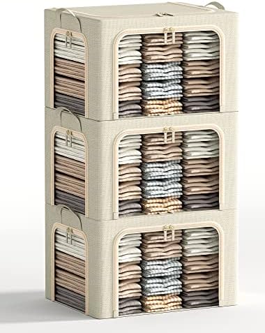 3 Openings Large Clothes Storage Bins with Metal Frame, Foldable Storage Bin for Clothes,Clothing Storage Bins with Lid, Linen Storage Box With Clear Window＆ Zippers＆ Durable Handles.(3 Pcs,Beige,66L) by Furnhome