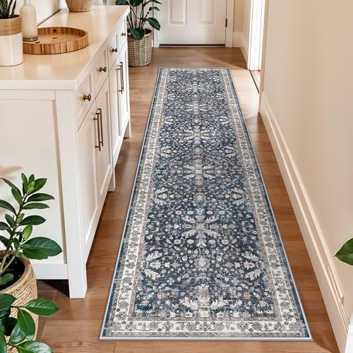 2x8ft Washable Non Slip Kitchen Rugs – Boho Floral Stain-Resistant Low-Pile Floor Carpet Runner for Hallway, Bathroom, Bedroom, Entryway (Blue, 2x8) by BYYVOORugsforYourHome