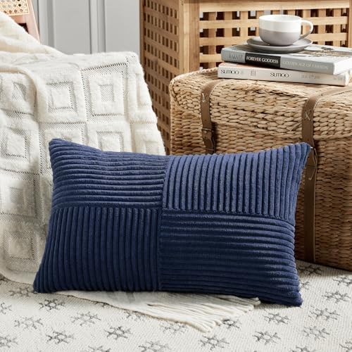 Fancy Homi 2 Packs Navy Blue Lumbar Decorative Throw Pillow Covers 16x32 Inch for Living Room Couch, Rustic Farmhouse Boho Home Decor, Soft Striped Corduroy Rectangle Accent Cushion Case 40x80 cm - Image 2