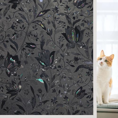 Blackout Window Film, 100% Sun Light Blocking Removable Privacy Windows Cover, Stained Glass Window Tint for Home, Static Cling Room Darkening Windows Stickers (Black Tulip, 35.4" x 78.7") by SUNDEFFILM