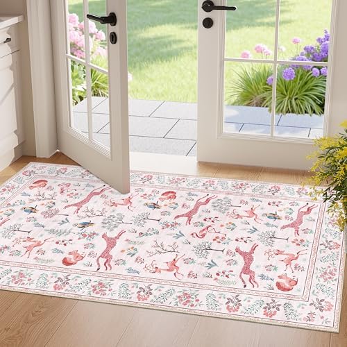 DUKINO 2x4 Rug for Entryway, Animal Washable Runner Rug for Kitchen, Pink by DUKINO