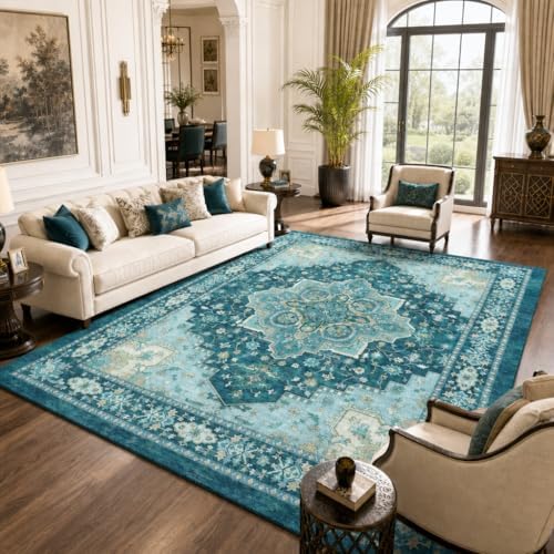AMADA HOMEFURNISHING 8x10 Area Rug for Living Room, Vintage Washable Area Rug Low-Pile & Non-Slip Carpet for Bedroom Dining Room Nursery Home Office, Teal Blue by AMADAHOMEFURNISHING