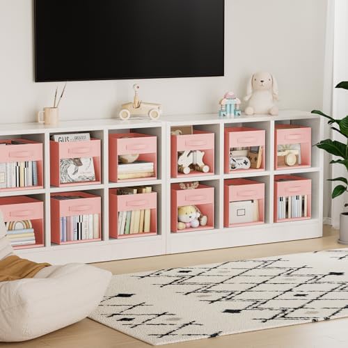 DIMJ Cube Bins, 12.2-Inch Storage Bins Cubes with Window, 6 Packs Collapsible Storage Bins with Handles, Closet Storage Baskets for Organizing Living Room, Office, 6 Pack,Pink - Image 6