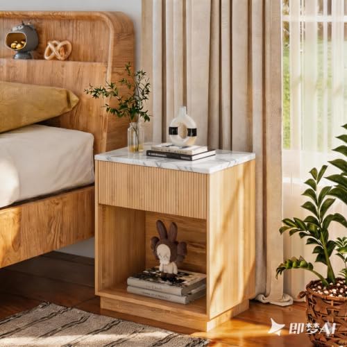 Fluted Nightstands Set of 2, Modern Bedside Table with Drawer and Storage Shelf, Wood End Table Mid Century Night Stands for Bedroom Living Room Sofa Couch Office, Oak-Marble-Look - Image 3