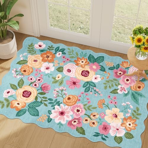 DUKINO 2x3 Rugs for Entryway, Floral Door Mat Washable Kitchen Rugs, Teal by DUKINO