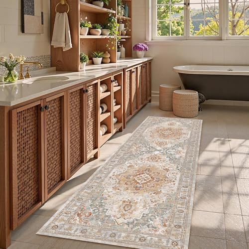 Washable Area Rug 2'6'' x 8' Vintage Traditional Persian Mat - Foldable Distressed Non-Slip Machine Washable Carpet for Living Room Bedroom Kitchen Home Decor - Dove Gray and Coral - Image 2
