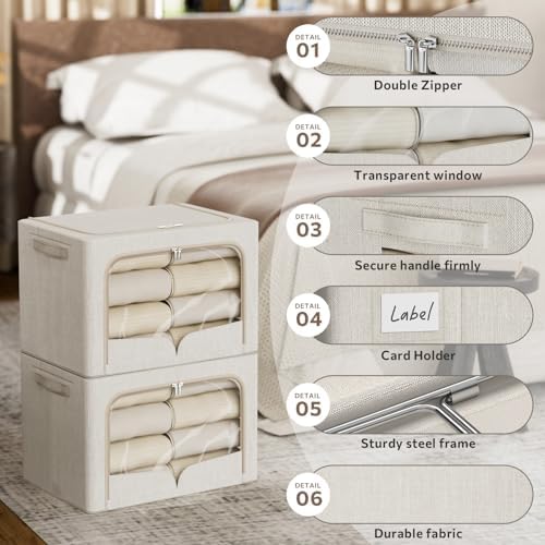 FHSQX 3 Pack Clothes Storage Bins Foldable Metal Frame Storage Box Extra Large Stackable Linen Fabric Organizer Set with Carrying Handles and Clear Window (Beige, 23.6x16.5x15.7inch(100L)) - Image 6