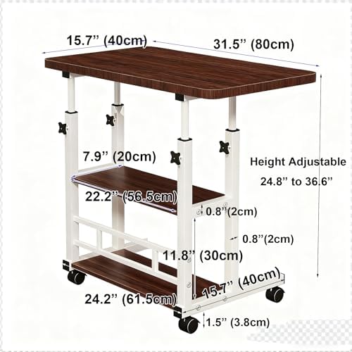 VebaCidi Medical Overbed Bedside Table with Two Shelves and Wheels (Hospital and Home Use), 31 1/2" Desk with Non Tilt Wooden Top, Adjustable Height (Black Walnut) - Image 2