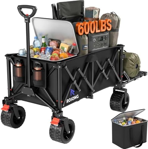 220L Folding Wagon with Detachable 14 Gallon Cooler Bag, Extra Large All-Terrain Heavy Duty Collapsible Beach Wagon Cart with Big Wheels, Foldable Utility Cart for Camping, Tailgate by ROSONG