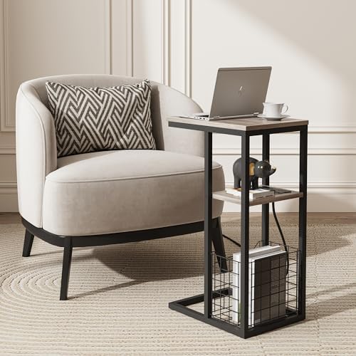 Vagusicc C Shaped End Table with Charging Station, Side Table for Couch, Small Side End Table for Small Spaces, 28" High Slide Under Sofa Table for Coffee, Tv Tray Table for Living Room, Greige - Image 7