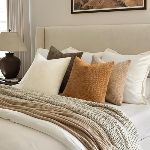 MIULEE Soft Decorative Chenille Fall Pillow Covers Brown 18x18 Pack of 4 - Image 4