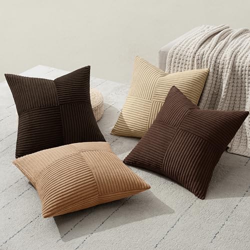 MIULEE Boho Decorative Throw Pillow Covers 18x18 Set of 4 Farmhouse Neutral Cushion Cases Gradient Corduroy Pillow Cases Modern Soft Corduroy Patchwork Home Decor for Couch Sofa Bedroom Dark Brown - Image 6