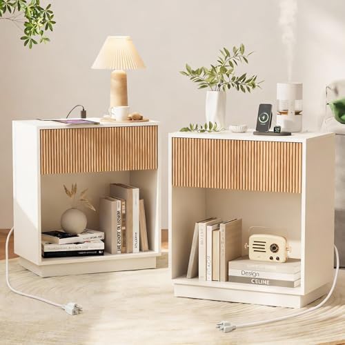 End Table with Charging Station, Fluted Nightstands Set of 2,Modern Bedside Table with Drawer and Storage Shelf, Wood End Table Mid Century Night Stands for Bedroom Living Room(White+Oak) by INNODToddlerTower