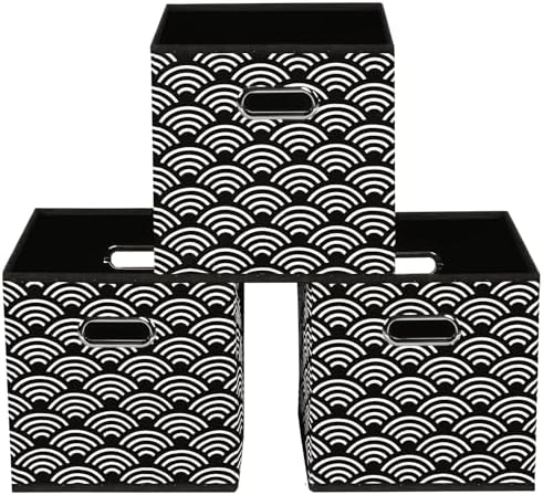 Fabric storage bins Cubes, Fabric Cube Organizer with Handle, Foldable Cube Bins for Cloth or Accessary Storage, 11x11x11, Set of 3, (Black clouds) by Yunkeeper