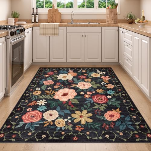 DUKINO 4x5 Area Rug for Entryway, Soft Floral Washable Rug Non Slip, Black - Image 4