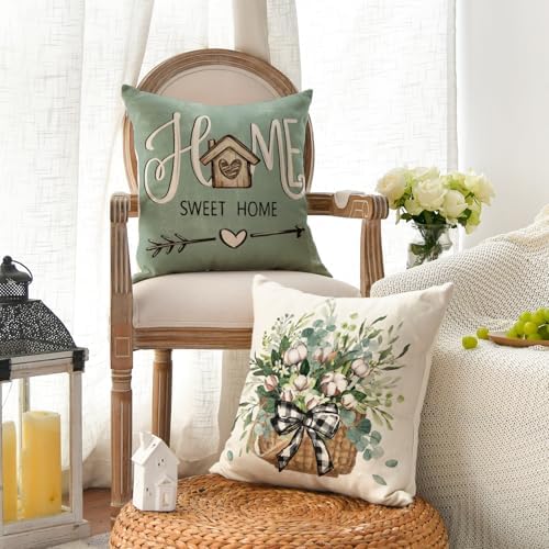 AVOIN colorlife Bless Our Home Farmhouse Eucalyptus Leaves Throw Pillow Covers, 16 x 16 Inch Blue Truck Home Sweet Cushion Case Decorations Set of 4 - Image 4