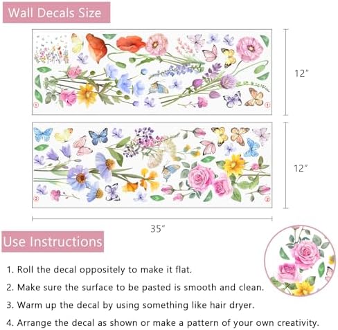 Yovkky Watercolor Wildflower Wall Decals Stickers, Rose Poppy Flowers | Butterfly Home Girls Bedroom Decor, Spring Summer Floral Living Room Kitchen Decorations Art - Image 2
