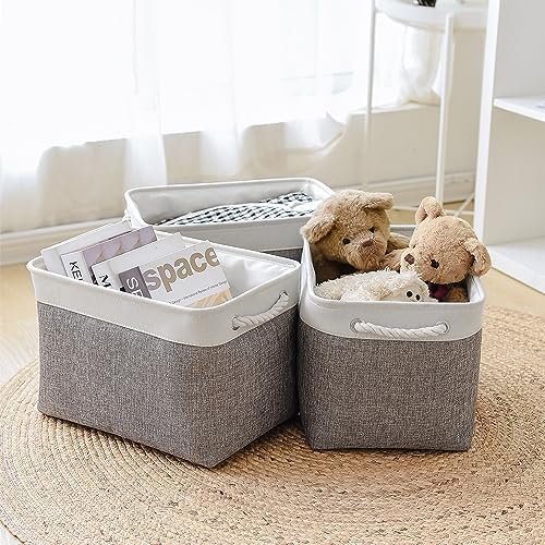 TheWarmHome Organization and Storage Basket for Organizing - 3 Pack 16x12x12 inch Cube Storage Bin Fabric Storage Cubes for Organizer Cloth Gift Toy Closet (White & Grey) - Image 4