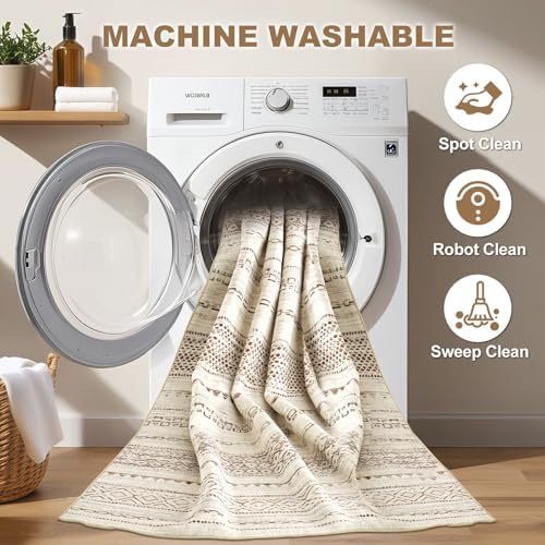 Nakagishi Round Rug Boho Area Rugs: 5x5 Washable Large Circle Neutral Soft Stain Resistant Non-Slip Carpet for Women Aged 25-45 Farmhouse Decor Enthusiasts - Living Room Bedroom Dining Room Nursery - Image 2
