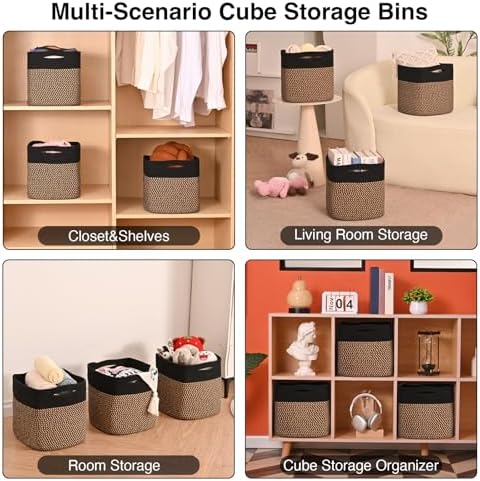 ICERZCZ 11 Inch Cube Storage Bins, Storage Cube Organizer Bins, Woven Cotton Rope Baskets for Storage, Storage Basket for Organizing Shelves, Square Baskets for Toys Nursery, Black & Jute (Pack of 3) - Image 4