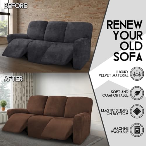ULTICOR Velvet 8-Pieces Recliner Sofa Covers Stretch Reclining Couch Covers for 3 Cushion Reclining Sofa Slipcovers Furniture Covers Thick Soft Washable (3 Seater Recliner Cover, Chocolate) - Image 5