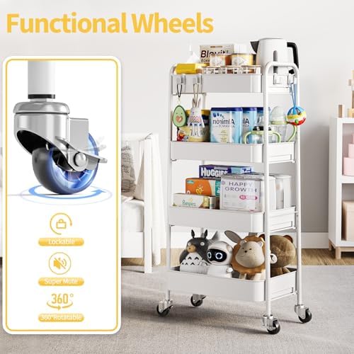 TOOLF 4 Tier Metal Rolling Cart, Utility Storage Cart with Wheels, White | Screwless Assembly, Lockable Metal Wheels, Trolley Organizer for Bathroom, Kitchen, Office, Dorm, Laundry, Craft Room - Image 4