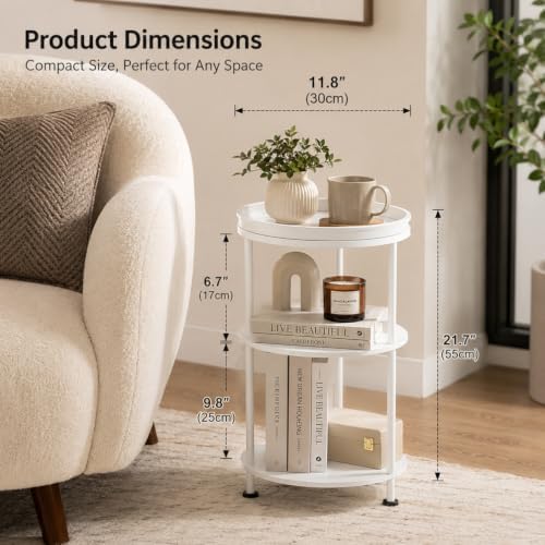Small Round Side Table with Tray Top (Patented Design), 11.8" Narrow End Table for Small Spaces, 3-Tier Modern White Nightstand, Original Accent Furniture for Living Room Bedroom (Classic, White) - Image 3