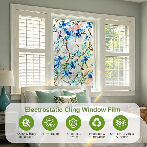 Rainbow Window Privacy Film, Heat & UV Blocking Stained Glass Static Cling with Blue Vine Floral Pattern for Home, Bathroom Window or Door (Installation Tools, 23.6"×78.7") - Image 3