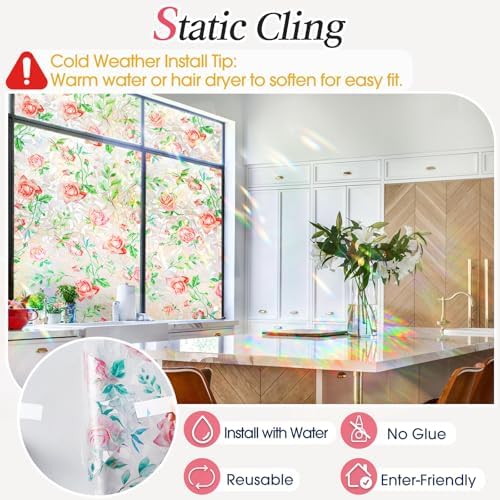 Coavas Stained Glass Window Privacy Film, 3D Rainbow Floral, 29.5" x 78.7" - Image 5