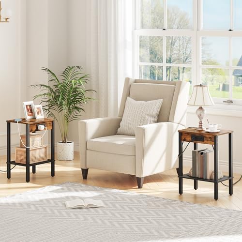 HOOBRO Side Table with Charging Station, Set of 2 End Table with USB Ports and Outlet, Nightstand with 2-Tier Storage Shelf, Faux Rattan Decoration, for Small Space, Rustic Brown and Black BF91UBZP201 - Image 2