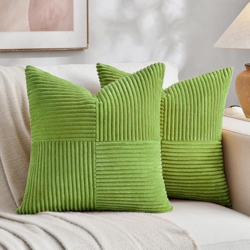 Fancy Homi Set of 2 Lime Green Euro Decorative Throw Pillow Covers 26x26 Inch for Bedroom Couch Bed, Farmhouse Boho Home Decor, Soft Cross Corduroy Patchwork Textured Square Cushion Case 66x66 cm by Fancy+Homi
