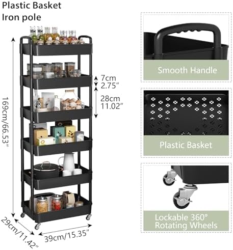 Sywhitta 6-Tier Plastic Rolling Utility Cart with Wheels for Storage,Black - Image 3