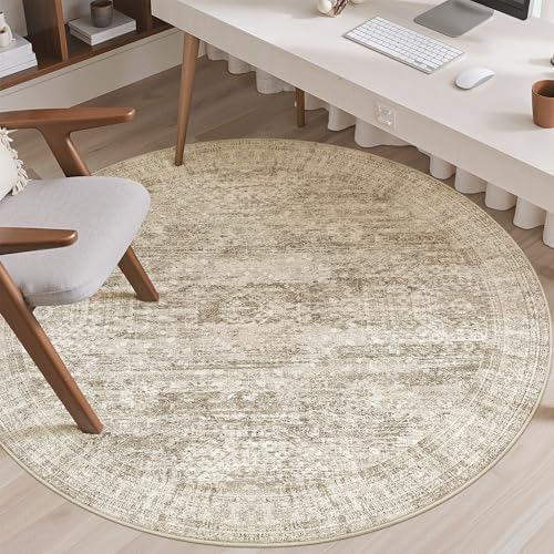 Soalmost 6x6 Brown Round Rug 6ft Circle Living Room Area Rugs Non-Slip - Image 4