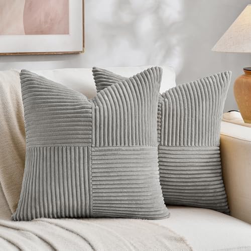 Fancy Homi 2 Packs Grey Euro Decorative Throw Pillow Covers 28x28 Inch for Bedroom Bed, Farmhouse Boho Home Decor, Soft Corss Corduroy Patchwork Textured Square Cushion Case 71x71 cm by Fancy+Homi