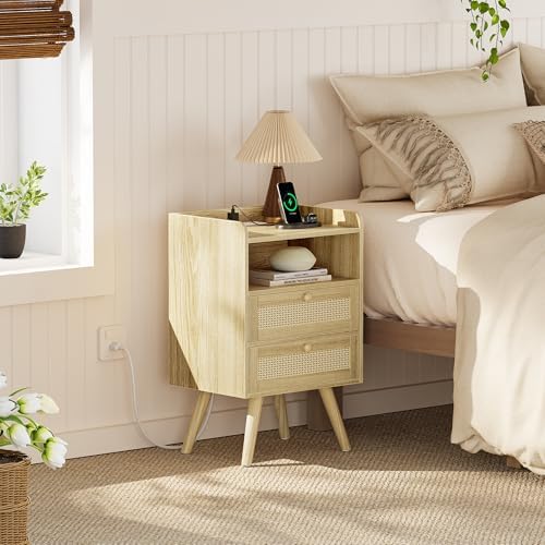SUPERJARE Night Stand with Charger Station, Boho Rattan Nightstand Set of 2 - Image 2