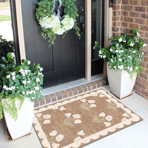 Front Door Mat Outside Entrance - 2x3 Floral Non-Slip Washable Doormat Indoor Outdoor Mat Tan Neutral Farmhouse Scalloped Entry Rug Small Throw Rugs for Entryway Kitchen Front Porch Decor - Image 4