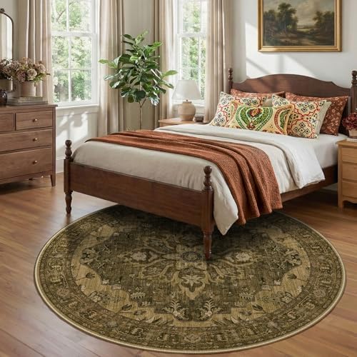 RELEANY Washable Area Rug, Round 8ft, Brown/Dark Brown - Image 3