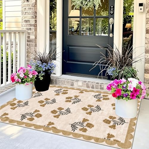 3x5 Floral Entry Rug - Small Washable Indoor Outdoor Mats for Front Door Non-Slip Porch Rug Beige Vintage Farmhouse Throw Rugs for Living Room Bedroom Entryway Kitchen Office Porch Decor - Image 4